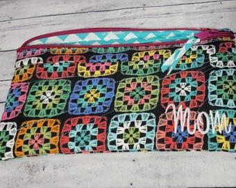 Personalized Crochet Granny Square Accessory Bag: Knitters Project Bag