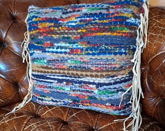 Handwoven OOAK Pendleton Pillow from wool selvedges “worms” with buckskin leather fringe