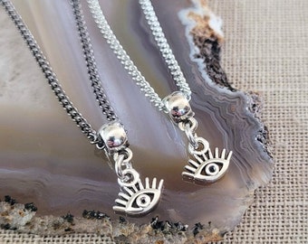 Tiny Evil Eye Necklace, Your Choice of Gunmetal or Silver Curb Chain, Bohemian Boho Yoga Jewelry