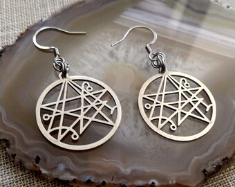 Necronomicon Earrings, HP Lovecraft Dangle Drop Earrings, Machine Cut Stainless Steel Charms, Lead and Nickel Free
