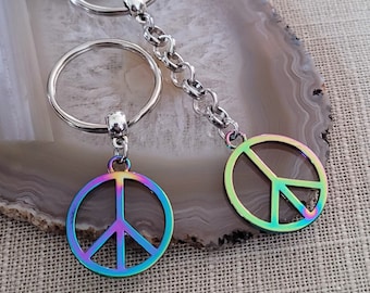 Peace Sign Keychain, Backpack or Purse Charm Zipper Pull, Iridescent Titanium Rainbow Electroplated Hippie Gifts