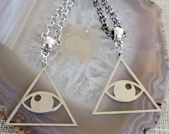 All Seeing Eye Necklace, Your Choice of Gunmetal or Silver Rolo Chain, Pyramid Illuminati Jewelry