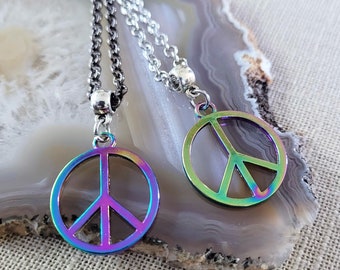 Anodized Titanium Peace Sign Necklace, Your Choice of Rolo Chain, Rainbow Iridescent Mixed Metals Jewelry, Oil Slick Peace Sign Jewelry