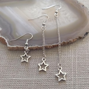Star Earrings, Your Choice of Five Lengths, Long Dangle Chain Drop