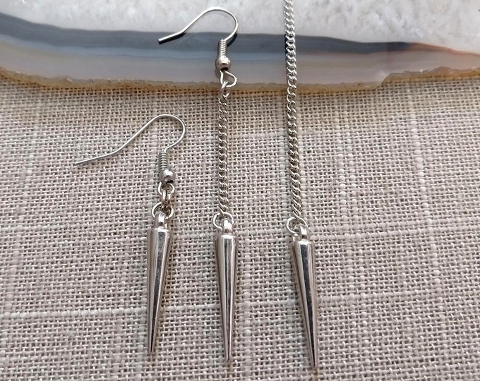 Silver Spike Dangle Earrings: Bohemian Chain Drop Earrings in Your Choice of Three Lengths