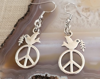 Peace Dove Earrings, Hippie Dangle Drop Earrings, Lead and Nickel Free