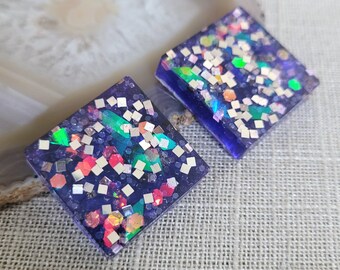Blue Holographic Glitter Magnet Set, Handmade Resin Kitchen Decor, Set of Nine Fridge Magnets