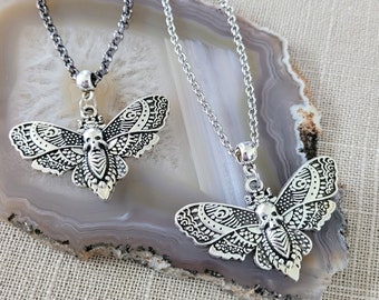 Death's Head Moth Necklace,  Your Choice of Two Rolo Chains Finishes , Mixed Metals,  Goth Gothic Halloween Jewelry