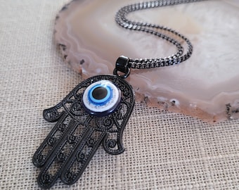 Black Hamsa and Evil Eye Necklace  on Thin Gunmetal Chain - Mens Hamsa Necklace - Layering Jewelry - Bohemian Hand of Fatima