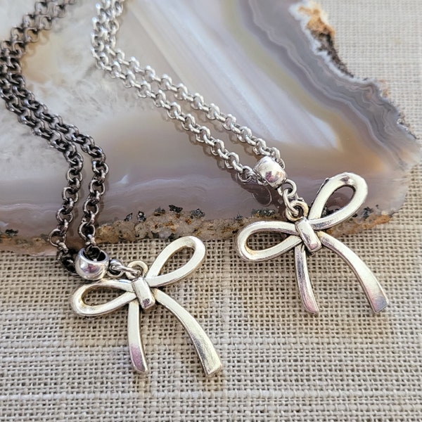 Frilly Bow Necklace, Your Choice of Gunmetal or Silver Rolo Chain, Feminine Layering Necklace