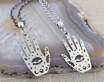 Evil Eye Necklace, Your Choice of Gunmetal or Silver Rolo Chain, Hamsa Hand Jewelry, Intricate Machine Cut Stainless Steel Charm