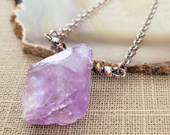 Raw Amethyst Necklace, Chunky Stone on Silver Rolo Chain, Bohemian Layering Jewelry