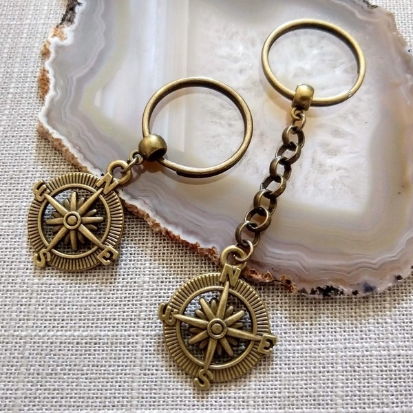 Compass Keychain - Bronze Compass Key Chain - Mens Keychains - Compass Zipper Pull