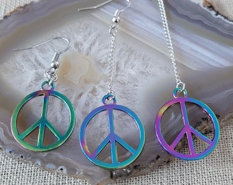 Rainbow Peace Earrings, Your Choice of Three Lengths, Long Dangle Drop Chain Earrings, Anodized Titanium Oil Slick Iridescent Jewelry