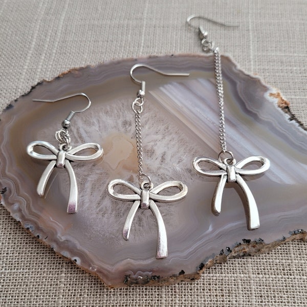 Pretty Bow Earrings, Your Choice of Three Lengths, Silver Dangle Drop Chain Earrings