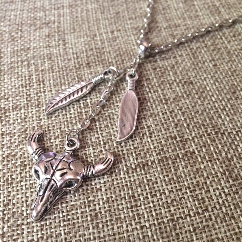 Mens Skull Necklace Skull Pendant Mens Accessories Skull Jewelry Mens Jewelry Longhorn Skull Necklace Feather Necklace