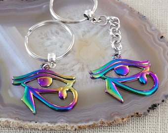 Eye of Ra Keychain, Backpack or Purse Charm Zipper Pull, Iridescent Titanium Rainbow Electroplated Egyptian Jewelry