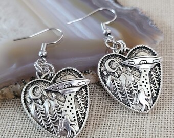 Bigfoot Alien Dangle Drop Earrings: Intergalactic Heart Jewelry