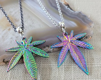 Rainbow Titanium Marijuana Leaf Necklace, Silver or Gunmetal Rolo Chain
