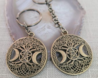 Triple Moon Keychain:  Pentagram Wiccan Backpack Bag Charm, Zipper Pull