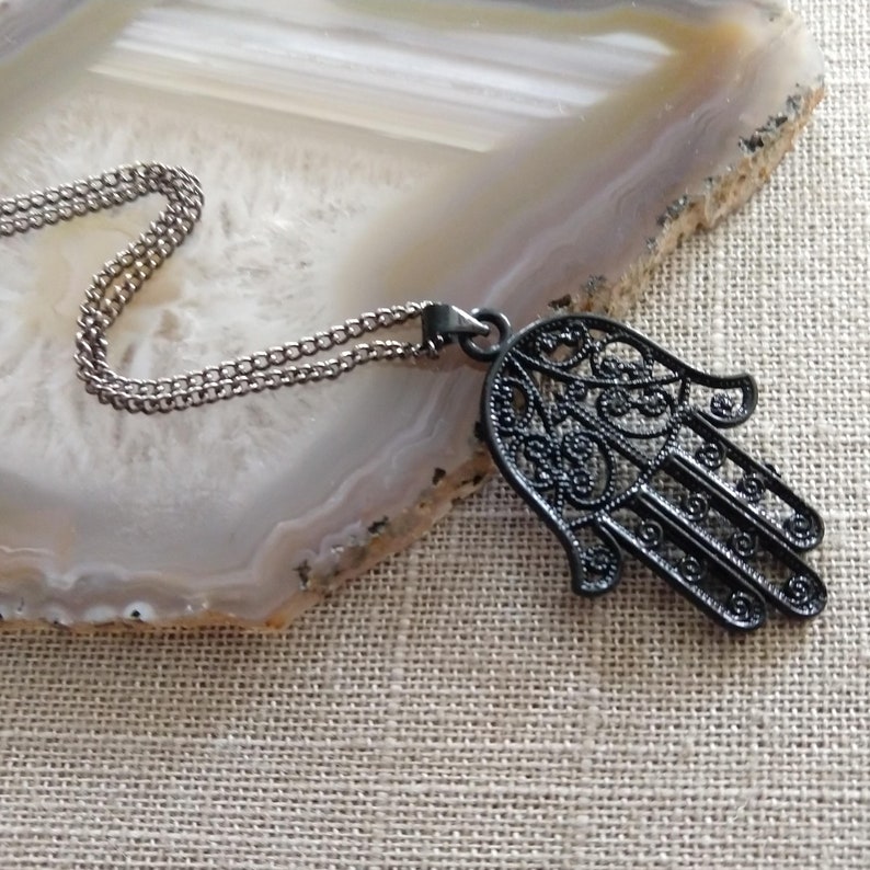 Black Hamsa Necklace, Hand of Fatima Pendant on Thin Gunmetal Chain, Mens Hamsa Necklace image 1