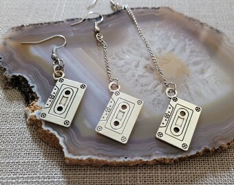 Cassette Tape Silver Earrings, Your Choice of Three Lengths, Long Dangle Drop Chain Earrings