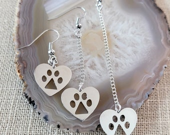 Dog Paw Earrings, Cat Paw Earrings, Your Choice of Three Lengths, Dangle Drop Chain Earrings, Gifts for Veterinarians Vets