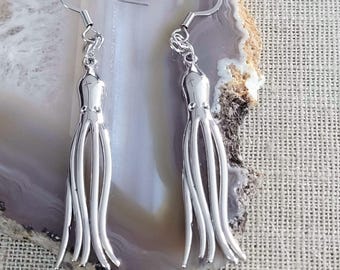 Squid Earrings, Dangle Drop Earrings, Stainless Steel Earwires, Cephalopod Jewelry