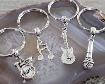 Musician Keychain: Microphone, Music Note, Guitar, or Drums Charm