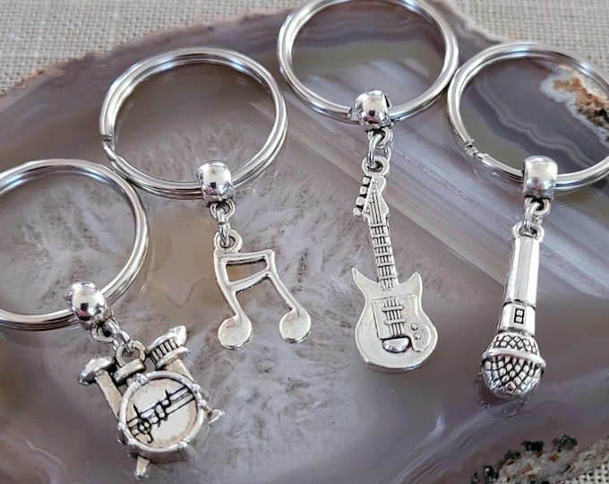 Musician Keychain: Microphone, Music Note, Guitar, or Drums Charm