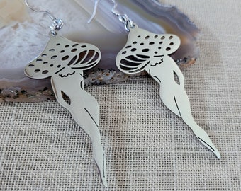 Sexy Mushroom Lady Earrings, Dangle Drop Earrings, Machine Cut Stainless Steel, Shrooms Shroomies Fungi Jewelry