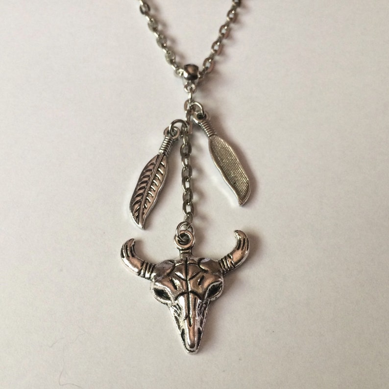 Mens Skull Necklace Skull Pendant Mens Accessories Skull Jewelry Mens Jewelry Longhorn Skull Necklace Feather Necklace