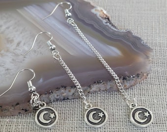 Celestial Crescent Moon and Star Earrings: Long Dangle Drop Chain