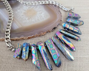 Rainbow Titanium Crystal Point Bib Necklace, Patterned Crystal Quartz Points on Silver Curb Chain, Statement Necklace, Christmas Gift