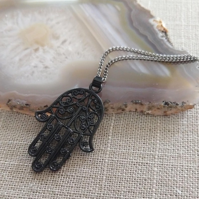 Black Hamsa Necklace, Hand of Fatima Pendant on Thin Gunmetal Chain, Mens Hamsa Necklace image 7