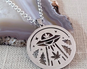 Alien UFO Marijuana Stainless Steel Necklace, Stoner Jewelry
