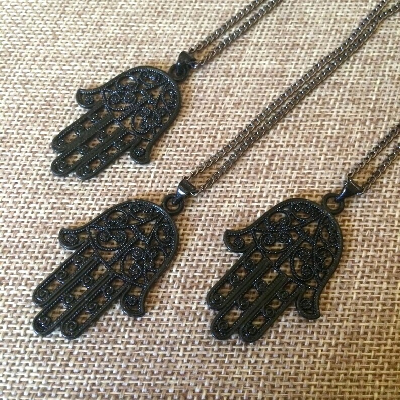 Black Hamsa Necklace, Hand of Fatima Pendant on Thin Gunmetal Chain, Mens Hamsa Necklace image 4