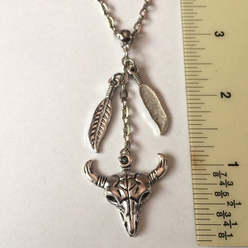 Mens Skull Necklace Skull Pendant Mens Accessories Skull Jewelry Mens Jewelry Longhorn Skull Necklace Feather Necklace