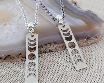 Moon Phase Necklace, Your Choice of Gunmetal or Silver Rolo Chain, Celestial Jewelry, Machine Cut Stainless Steel Charms