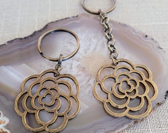 Chrysanthemum Flower Keychain, Bronze Floral Backpack or Purse Charm, Zipper Pull