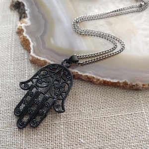 Black Hamsa Necklace, Hand of Fatima Pendant on Thin Gunmetal Chain, Mens Hamsa Necklace image 2