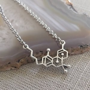 May include: A silver necklace with a pendant shaped like a chemical structure. The pendant is made of metal and has a shiny finish.