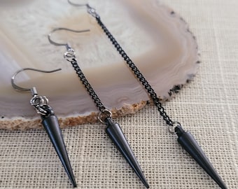 Black Spike Earrings, Long Dangle Chain Earrings in Your Choice of Three Lengths