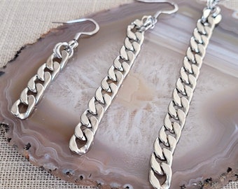 Silver Curb Chain Earrings, Your Choice of Three Lengths, Long Dangle Chain Drop, Sleek MinimalismJewelry