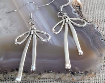Bow Earrings, Two Inch Long Dangle Drop Earrings, Stainless Steel Earwires