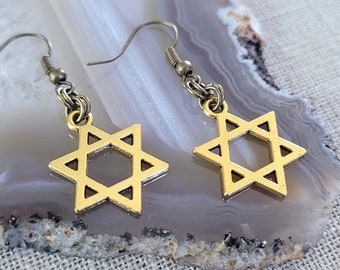 Antique Gold Star of David Earrings, Long Dangle Drop Earrings, Jewish Jewelry