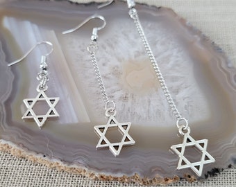 Star of David Earrings, Silver Tiny Jewish Charms in Your Choice of Three Lengths, Long Dangle Chain Earrings