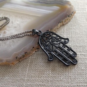 Black Hamsa Necklace, Hand of Fatima Pendant on Thin Gunmetal Chain, Mens Hamsa Necklace image 3