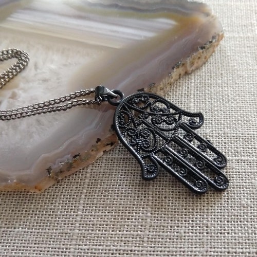 Hamsa Necklace in Black Hamsa Charm on Thin Gunmetal Chain Etsy