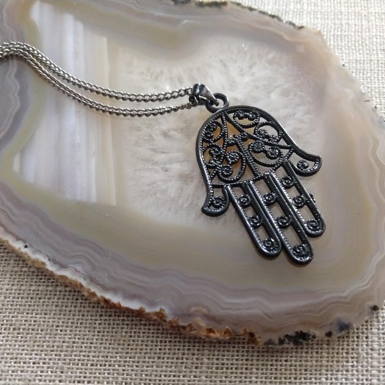 Black Hamsa Necklace, Hand of Fatima Pendant on Thin Gunmetal Chain, Mens Hamsa Necklace image 9